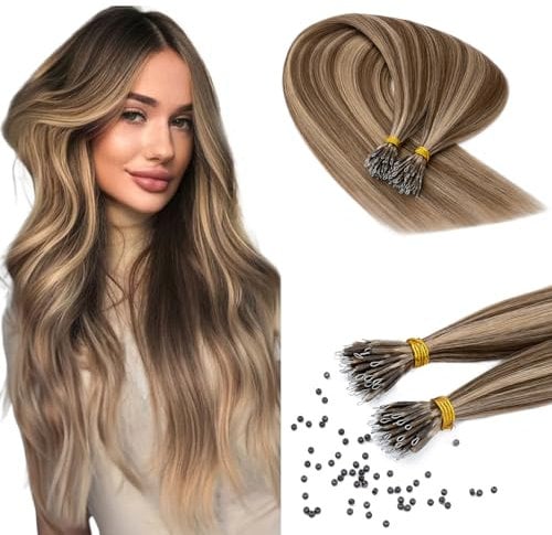Benehair Nano Beads Hair Extensions #4/27 Medium Brown Mix Dark Blonde Invisible Remy Straight Real Human 18 Inches (35g) Nano Loop Hair Extensions 50 Strands