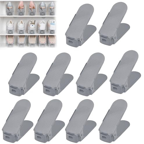Suusolny 10 Stück Verstellbarer Schuhregal Schuhhalter Schuhstapler rutschfest 3 Höhenverstellbar Schuhorganizer Schuhaufbewahrung - Grau