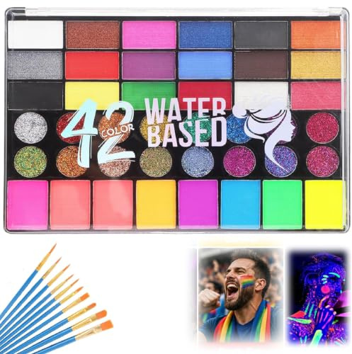 Professional Face Paint Kit With Glitter and UV Effects - 42 Colour Water-Based Non-Washable Palette for Halloween, Cosplay, Parties, Festivals, Includes 10 Pro Brushes for Detailed Designs