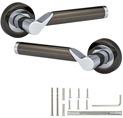 XFORT Enterprise Lever on Rose Door Handles, Internal Door Handle Sets, Lever Latch Door Handle, Interior Door Handles for Home & Office – Polished Chrome/Polished Black Nickel Dual Finish
