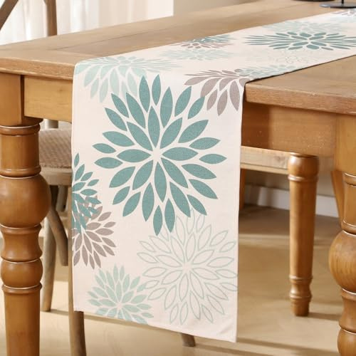 Tischläufer Blumen Salbeigrün Dahlien Tischläufer Boho Leinen Table Runner Küche Tisch Dekoration Tischdecke für Hochzeit Couchtisch Drinnen Urlaub Café Garten Party Dekor 40x140 cm