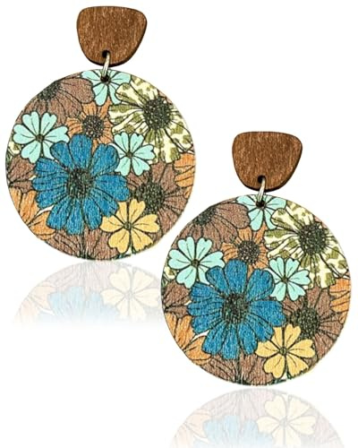 FUGLUS 1 Paar Boho-Ohrhänger, Vintage-Ohrringe aus Böhmischem Holz Ethnischer Runder Kreis-Reif Leichte Schicke Statement-Ohrhänger für Frauen Schmuckgeschenke, Ölgemälde Blumen（04）