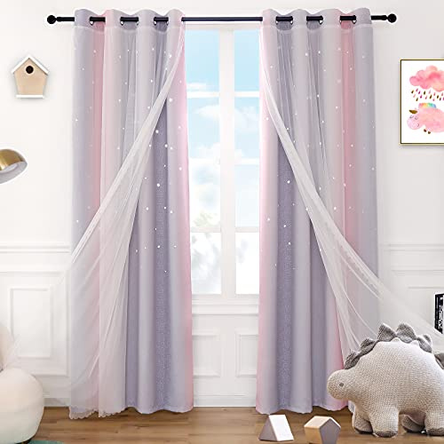 Sivio Regenbogen Vorhänge, 160 x 132cm, Dekoration ausgehöhlte Sterne, Rosa und Grau, Doppellagig Ombré-Vorhang mit Voile für Mädchen Fensterbehandlung Schlafzimmer