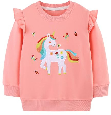 Tokeya Girls Sweatshirts Cotton Ruffled Long Sleeve Jumper 2-8 Years | Cute Animal T-Shirt, Crew Neck, Causal Sweatshirt, Soft Comfort Warm Pullover Tops, Sports Outdoor, Spring Fall Winte