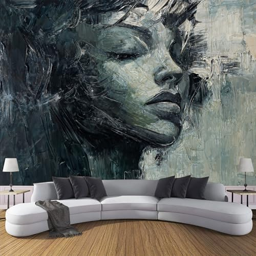 Vlies Fototapete Europäischen Frau Gesicht 3D Effekt 450×300cm(W×H) Foto Tapete Schlafzimmer Wohnzimmer Moderne Vliestapete XXL Wandtapete Motivtapeten 3d Porträt Ölgemälde Dekoration Schwarz