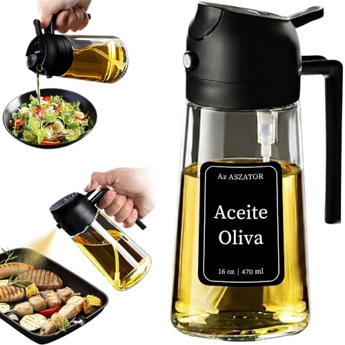 Áz ÁSZATOR Pulverizador Aceite Spray 2 en 1, Aceitera Spray Pulverizador + 8 Etiquetas Personalizables, Dispensador de Aceite Cocina 470ml de Vidrio para Air Fryer, Barbacoa y Ensaladas (NEGRO)