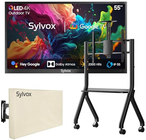 SYLVOX 55 TV Extérieur avec Housse & Support Téléviseur à roulettes - QLED 4K UHD 2000Nits, Smart Google Outdoor TV Étanche IP55, Google Assistant - pour Pool/Jardins/Terrasse (Pool Pro 2.0 QLED)