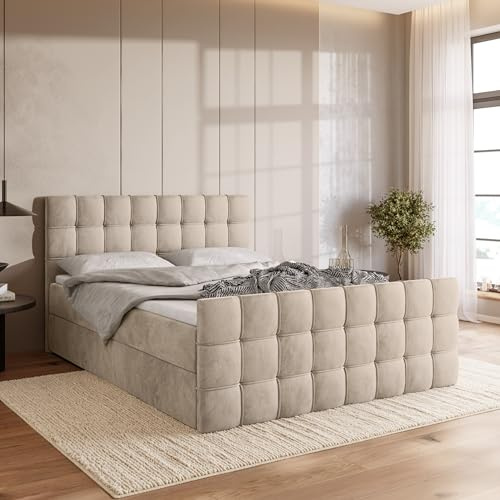 BROMARKT Boxspringbett mit Topper Bettkasten 180x200cm Härte H3 Creme | Doppelbett mit Kopfstütze Matratze und Fußteil Jugendbett Bett Bed Einzelbett Stauraum Boxbett Matratzenauflage DETROIT DUO