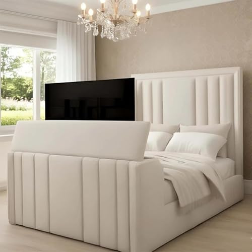 Ottoman Gas Lift TV Bed Frame – Upholstered Plush Velvet Storage Bed with Remote Control TV Lift Mechanism, Modern Bedroom TV Bed (Cream Plush Velvet, 6ft Super King Size With Gas Lift Storage)
