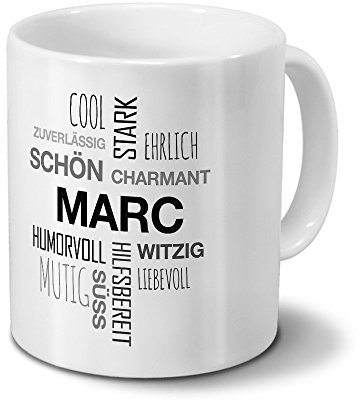 printplanet Tasse mit Namen Marc Positive Eigenschaften Tagcloud - Schwarz - Namenstasse, Kaffeebecher, Mug, Becher, Kaffeetasse