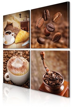 decomonkey Wandbilder Set Kaffee Coffee 4 Teilig jedes Teil 20x20 cm Küche | Strukturleinwand, Holzkeilrahmen, Leinwandbilder, Bild auf Leinwand, Kunstdruck, Wanddeko, Wohnzimmer, Wanddekoration