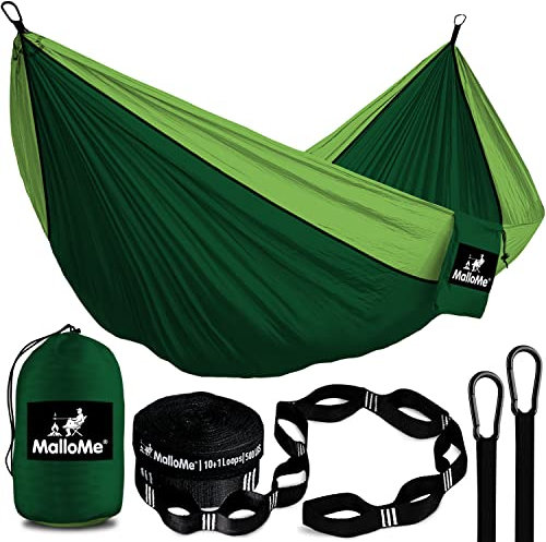 MalloMe Einzel Hängematte (285 x 140cm) Ultraleichte Reise Camping Hängematten für Outdoor 2 Personen oder 1 Kinder & Erwachsene Atmungsaktives Wasserdichtes Fallschirm-Nylon, inkl. Premium Karabiners