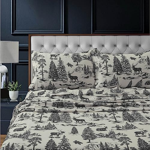 Tribeca Living Flannel Sheets Cal King Size - 100% Cotton Flannel Sheet Set, 200 GSM Deep Pocket Cal King Flannel Sheets, 4 Piece Ultra Soft Brushed Cotton Flannel Sheet in Deer Toile Charcoal Print