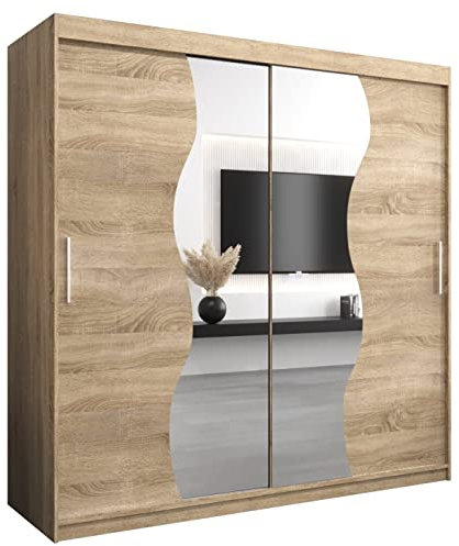 KRYSPOL Schwebetürenschrank Madryt 200 cm mit Spiegel Kleiderschrank mit Kleiderstange und Einlegeboden Schlafzimmer- Wohnzimmerschrank Schiebetüren Modern Design (Sonoma)