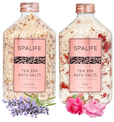 SpaLife Effervescent Rose & Lavender Bath Salts for Women Relaxing | Mothers Day Gifts & Aromatherapy Dead Sea Salt Bath Soak Duo | Real Flower Petals for Relaxing Mineral Baths | 2-Pack (35.2 oz)