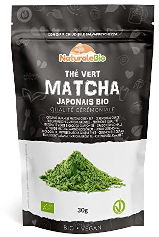 NaturaleBio Tè Verde Matcha Biologico in Polvere. Grado Cerimoniale A, Ricarica 30g. Prodotto in Giappone Uji, Kyoto. Ideale con latte o per la Cerimonia del Tè. Senza Zuccheri Aggiunti e Conservanti.