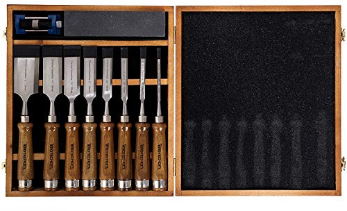 IMOTECHOM Juego de 10 cinceles de madera para carpintería con mango de nogal, guía de afilado, piedra de afilado, caja de almacenamiento de madera