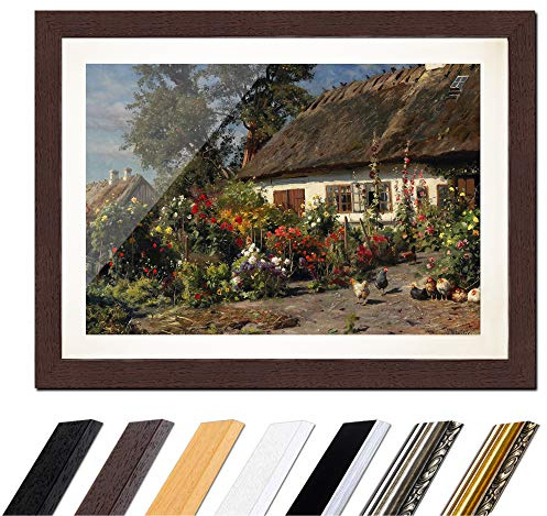 Bilderdepot24 Bild mit Rahmen - Peder Mork Mönsted Ein Bauerngarten mit Hühnern 60x40 cm ca. A2 - Gerahmter Kunstdruck inkl. Galerie Passepartout Alte Meister - Rahmen wenge