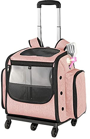 KHUY Hundebox Faltbar Hundetasche mit Rädern, Hundetrolley Transporttasche Tragetasche für Tiere 2in1 Rucksack und Trolley mit Zusammenklappbarer Schüssel (Color : Pink)