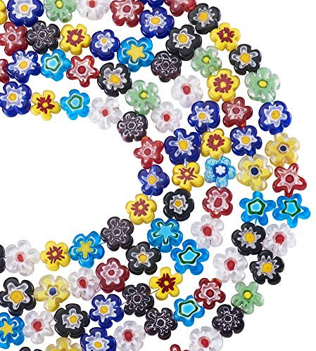 PandaHall Lot de 5 fils de perles en verre soufflé Millefiori en forme de fleur pour la fabrication de bijoux Couleurs mélangées 10-12 x 4 mm