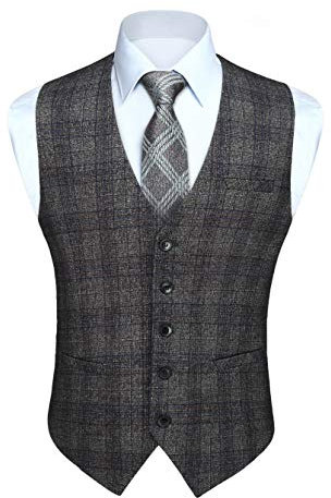 HISDERN Gilet Costume Homme Gris à Carreaux Mariage Classique Gilets Sans Manche Hommes Coton Formel Casual Veston avec Poches L