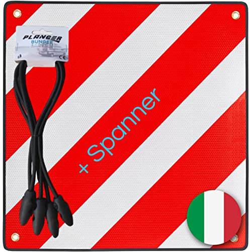 PLANGER® - Warntafel Italien (50 x 50 cm) + Spanner - Reflektierendes Warnschild rot weiß für Heckträger u Fahrradträger