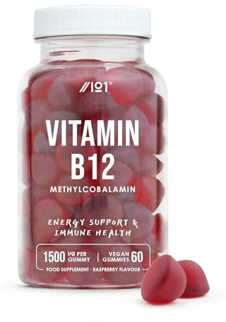 Vitamin B12 Gummies 1,500mcg (per Gummy) - High Strength Methylcobalamin Supplement - Non-GMO, Gluten Free, Raspberry Flavour - 60 Vegan Gummies.