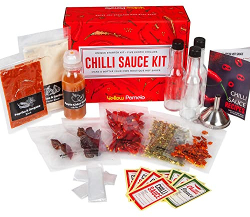 Chilli Sauce Making Kit – 23 Piece Make Your Own Hot Sauce Kit with 5 Dried Chili Peppers, Spices, Apple Cider Vinegar, Glass Bottles, Labels & More – Great Gift for Spice Lovers