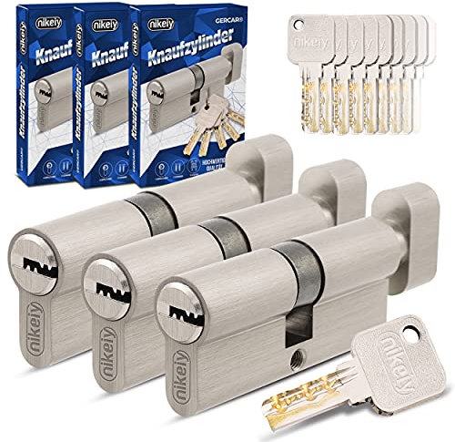 GERCAR Pro Lot de 3 cylindres à bouton à fermeture identique 40/40 - Avec bouton - Avec 15 clés - Serrures de porte à cylindre - Longueur : 80 mm, A : 40, B : 40 - En laiton mat massif