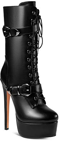 ANN CREEK 'Batian' Classic High Platform Mid Calf Boots Ultra High Stiletto Heels Lace Up Boots Faux Leather Round Toe Tie Up Boots Sexy Black Buckle Strap Thin High Heel Boots Black 5