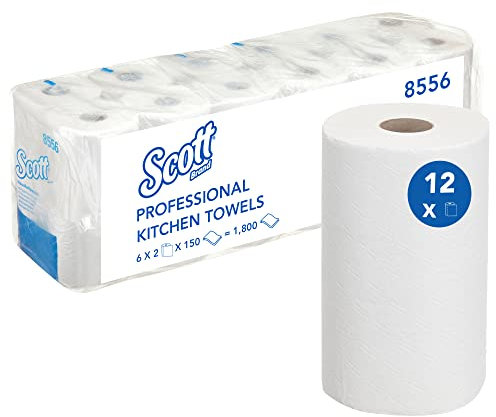 Scott Comfort 8556 - Paños de cocina (6 paquetes de 2 rollos de 150 hojas, 12 rollos de cocina y 1800 trapos de papel), color blanco