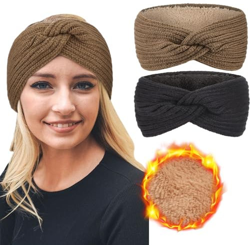 DRESHOW Damen Warm Gestricktes Stirnband Winter Ohrenwärmer Gehäkelte Kopfwickel Dickes Fleecefutter Haarbänder