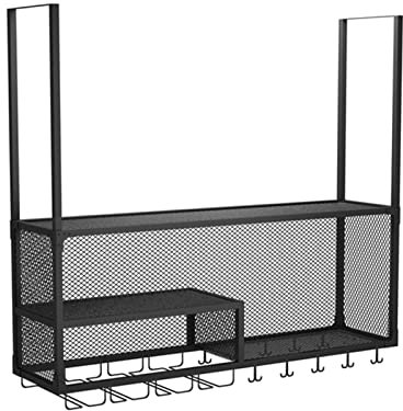 Porte-bouteilles à vin suspendu - Étagère de bar pour porte-verres à vin au plafond en fer forgé, présentoir américain pour plantes/vins/livres, conception de stockage en grille à double couche (Coule