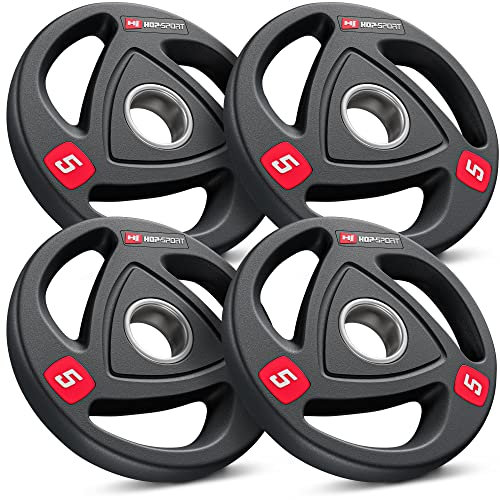 Hop-Sport cast iron weight plates, robust Olympic weight plate set, 4 x 5 kg, for long barbells ø 50 mm, non-slip and rubber-coated surface (20kg)