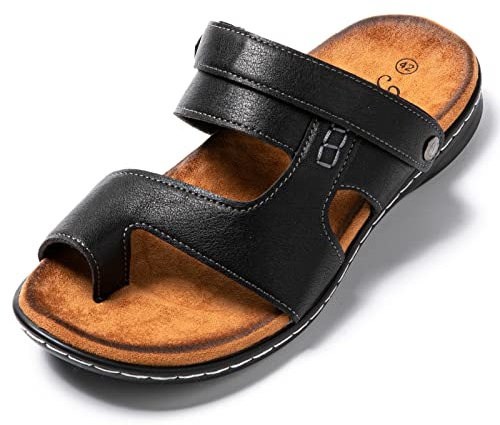 JOMIX Sandales Homme Cuir Tongs Hommes Chaussons d'été Chaussures de Plage Confortables pour Randonnée Piscine Mer Douche (Noir, 41)
