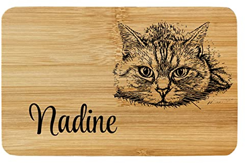 Girahlutions Frühstücksbrettchen Brettchen Bambus Holz Katze 02 Lasergravur mit Wunschname Personalisiert