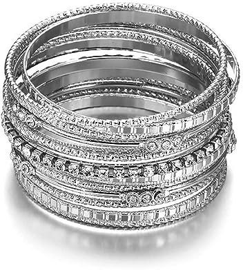 Cubahop 10PCS Layered Vintage Wide Face Armreif Armbänder Glatte Stapelbare Hand Schmuck für Frauen und Mädchen (Silber)