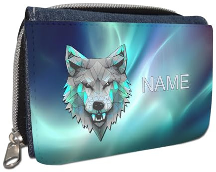 Geldbörse mit Name/Jeans oder Schwarz/Schriftart für Namen wählbar/Geldbeutel Portemonnaie personalisiert für Kinder oder Teenager (Wolf)
