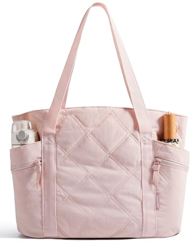 BAGSMART Crush Tote Bag for Women, 20L Puffer Work Tote with Zipper, Travel Essentials Quilted Nurse Hospital Bag, Pink