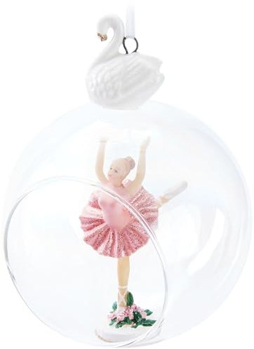BRUBAKER Pallina di Natale di alta qualità, ballerina in abito rosa, 10 cm, in vetro con figura di cigno in porcellana, pallina trasparente per albero di Natale con ballerina, palla di Natale