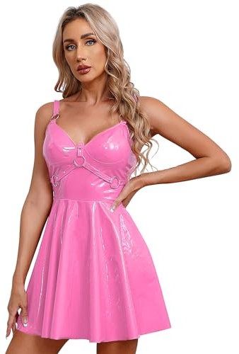 Freebily Damen Wetlook Kleid Lackleder Trägerkleid Korsett Corsagenkleid Lack Leder Optik Partykleid Tanzkleid A Linie Skater Kleid Clubwear Rosa_B 5XL
