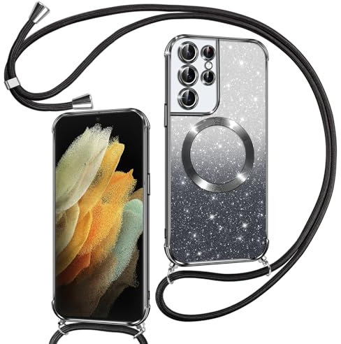 Phoona Handyband Hülle für Samsung Galaxy S21 Ultra 5G mit Band kompatibel mit MagSafe, Luxuriöse Glitzer Beschichtung Magnetische Handyhülle für Samsung S21 Ultra 5G Stoßfest Schutzhülle, Schwarz