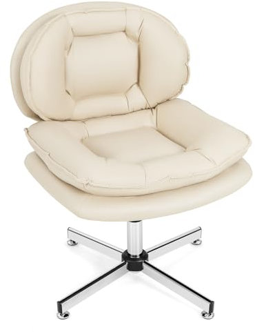 COSTWAY Home Office Desk Chair, Upholstered Computer Chair with No Wheels, Double Padded Back and Seat, Criss Cross Metal Base, Modern Swivel Armless Task Chairs (Beige)