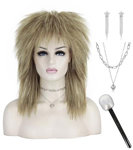 Damen Vokuhila Perücke Blond 70er 80er Jahre Outfit Damen Retro Perücke for 80er Jahre Kostüm Punk Kostüm Damen Disco Mullet Perücke für Fasching Karneval Halloween DE092