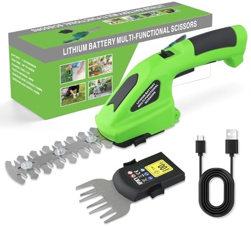 2 in 1 Cordless Hedge Trimmer, Electric Grass Cutter with Rechargeable Battery and 2 Interchangeable Blades, HandHeld Hedge Cutter for Lawn Edging, Leaf Pruning and Hedge Trimming
