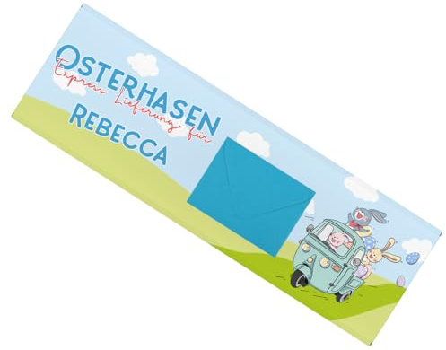 Herz & Heim® Schokoladentafel zu Ostern -Osterhasen Express- mit Umschlag für Geldgeschenke, personalisiert, 300g
