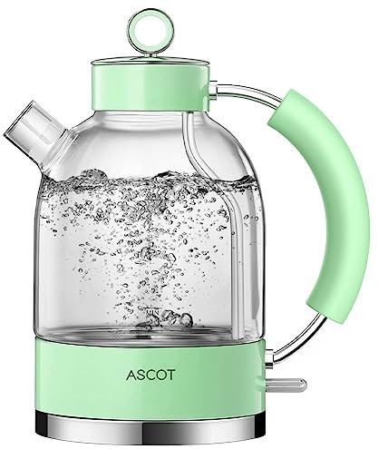 Wasserkocher Glas, ASCOT Elektrischer Wasserkocher Edelstahl, 2200W, 1,5L, leiser Schnellkochkessel, Teekessel, Trockengehschutz und automatische Abschaltung (Hellgrün)