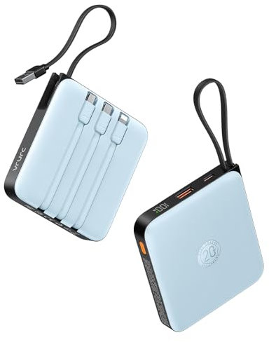 VRURC Batterie Externe 20000mAh avec 4 Câbles Intégrés Mini Power Bank USB C 22.5W Charge Rapide Batterie Portable avec Affichage LED pour iPhone Huawei Xiaomi (Bleu)
