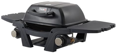 TAINO MAHTO Gasgrill klein Tischgrill Balkongrill Gas 2 Brenner Gusseisen-Rost Outdoorküche Seitentische Schwarz