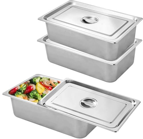 Lot de 3 plats à paner en acier inoxydable - 3 récipients GN avec couvercle - 32,5 x 17,5 x 6,5 cm - Rectangulaire - Récipient gastronorme en acier inoxydable avec couvercle pour paner poisson,